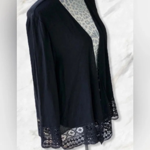 NY Collection Open Front Lace Trim Black 3/4 Sleeve Kimono Cardigan Size S - Picture 1 of 10